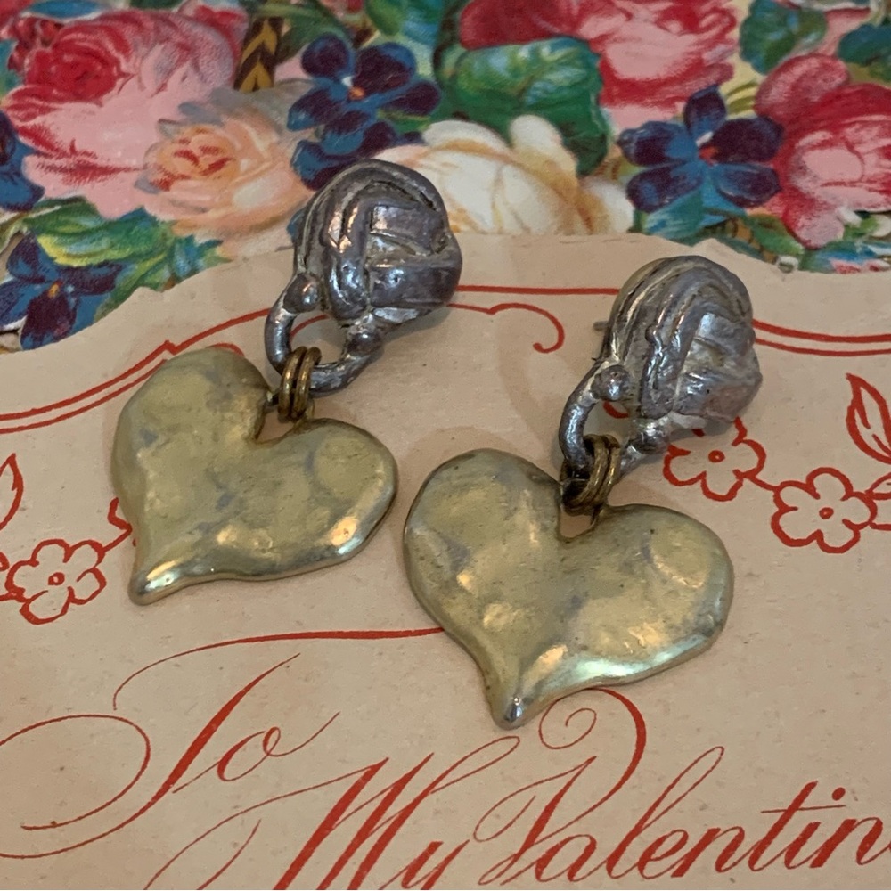 Hammered Heart Dangling Pierced Earrings - Unbranded